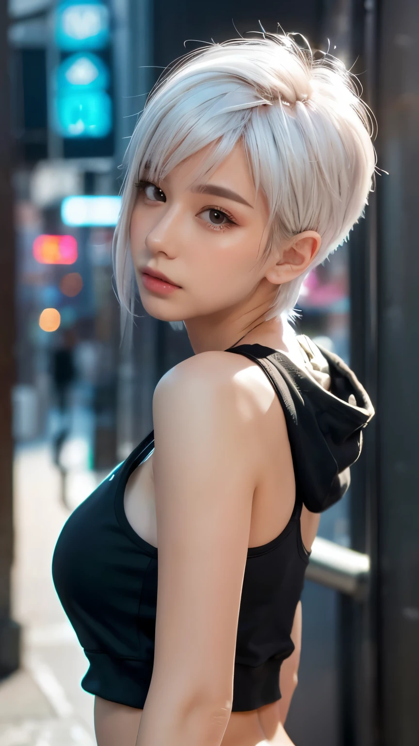 masterpiece, Highest quality, Very detailed, 8k, Realistic, One Girl, alone, Tomboy, Very detailed face, (head shot:1.5), Standing in front of a wall covered in hip hop graffiti, Cyberpunk neon cityscape,Pixie cut white hair, She is wearing a short neon tank top and an open hoodie....,I can see your chest,Nice ass,Wear a New Era cap