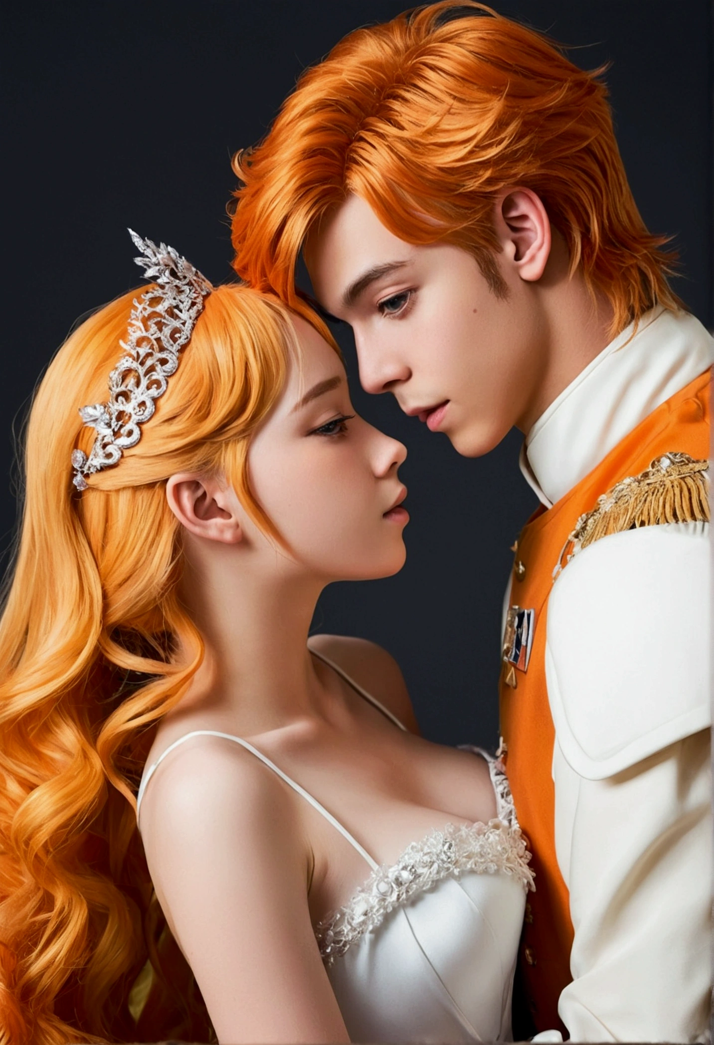 Teenage man, orange hair, anime style, prince of the place, having sex with a teenage woman, Blonde, anime style, is the princess