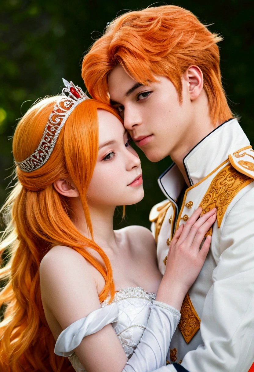 Teenage man, orange hair, anime style, prince of the place, having sex with a teenage woman, Blonde, anime style, is the princess
