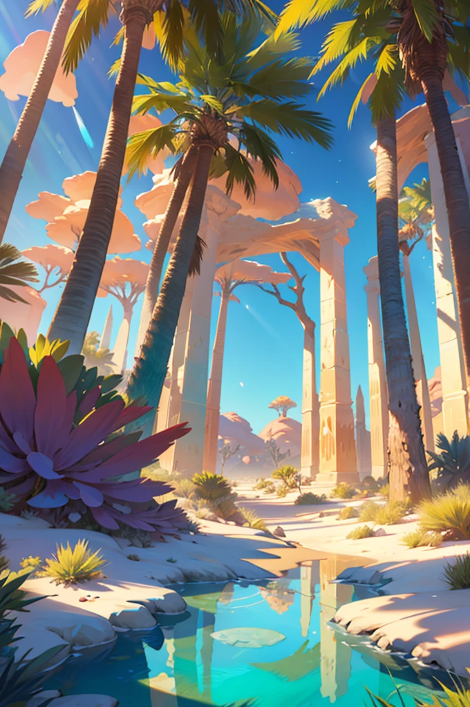 Draw a landscape of an enchanted desert, where golden sand dunes stretch to the horizon. Crystal trees grow sparsely, reflecting sunlight like colorful prisms. in the middle of the desert, there is a magical oasis with turquoise waters and exotic plants. in the sky, three moons of different sizes and colors shine brightly, creating a surreal and magical atmosphere.