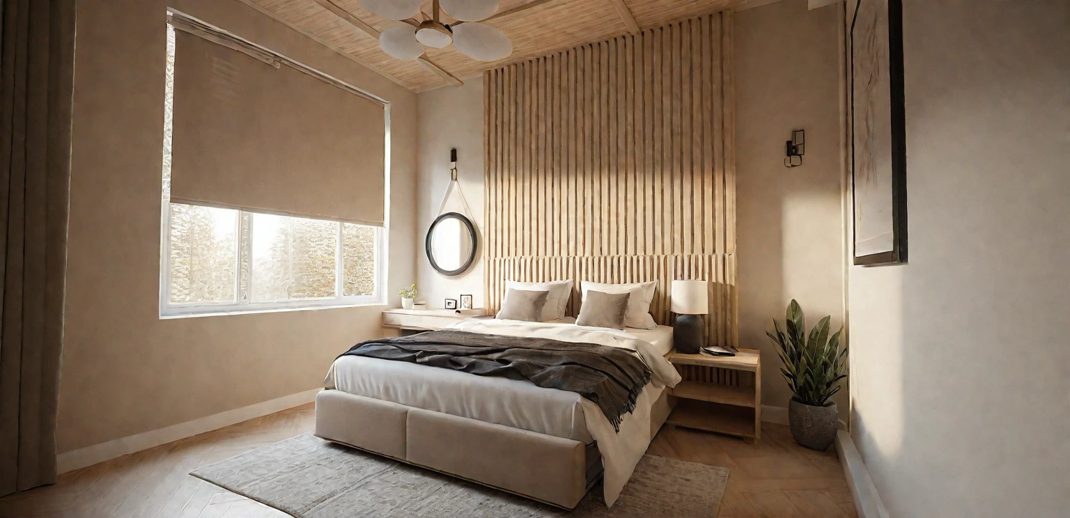 there is a large bed in a room with a large window, cream - colored room, beige color scheme, natural light in room, beige and dark atmosphere, vray 8k render, bed room, rendered in vray, rendered in corona, vray rendered, high-quality render, rendered in lumion pro, 8k vray render, corona render