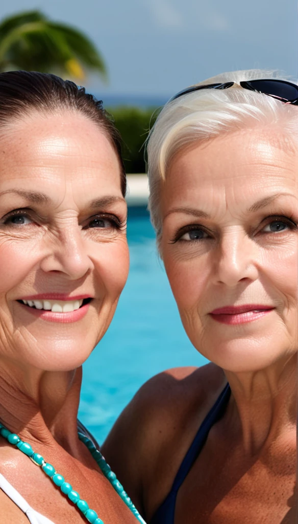 Ultra realistic photo of 2 women , aged 60 , with wrinkles, bikini, at the poolside.