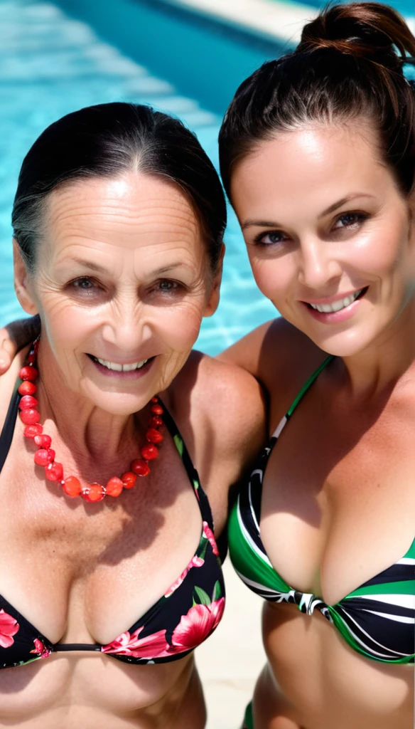 Ultra realistic photo of 2 women , aged 60 , with wrinkles, bikini, at the poolside.