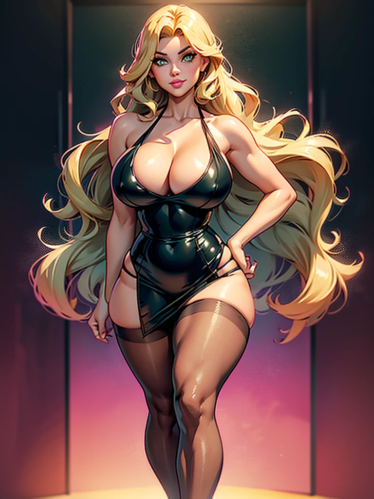solo, gigantic wide hips, extremely small narrow waist, enormous round thighs, very long legs, flirting -facele, pouting thick lips, big green eyes, deep round cleavage. Wearing reflective hot pink mini dress. black pantyhose. thin waist, tanlines, at gala ball, makeup, captivating long-haired blonde tween boduilder
