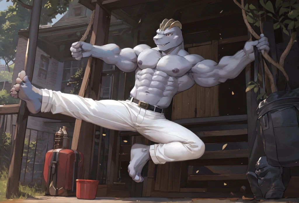 (((Barefoot furry character, full body, cinematic setting, furry male, plantigrade))) 

(((Machoke))) as Capoeira fighter, ((pokemon, long white pants, training Capoeira in the park))

blue body, bara:0.5

BREAK, intricate details, highly detailed, extreme detail, octane render, fine art, best quality, highres, (detailed face:1.5), ((full_body)), UHD, (((perfect hands))), (((perfect feet))), low light