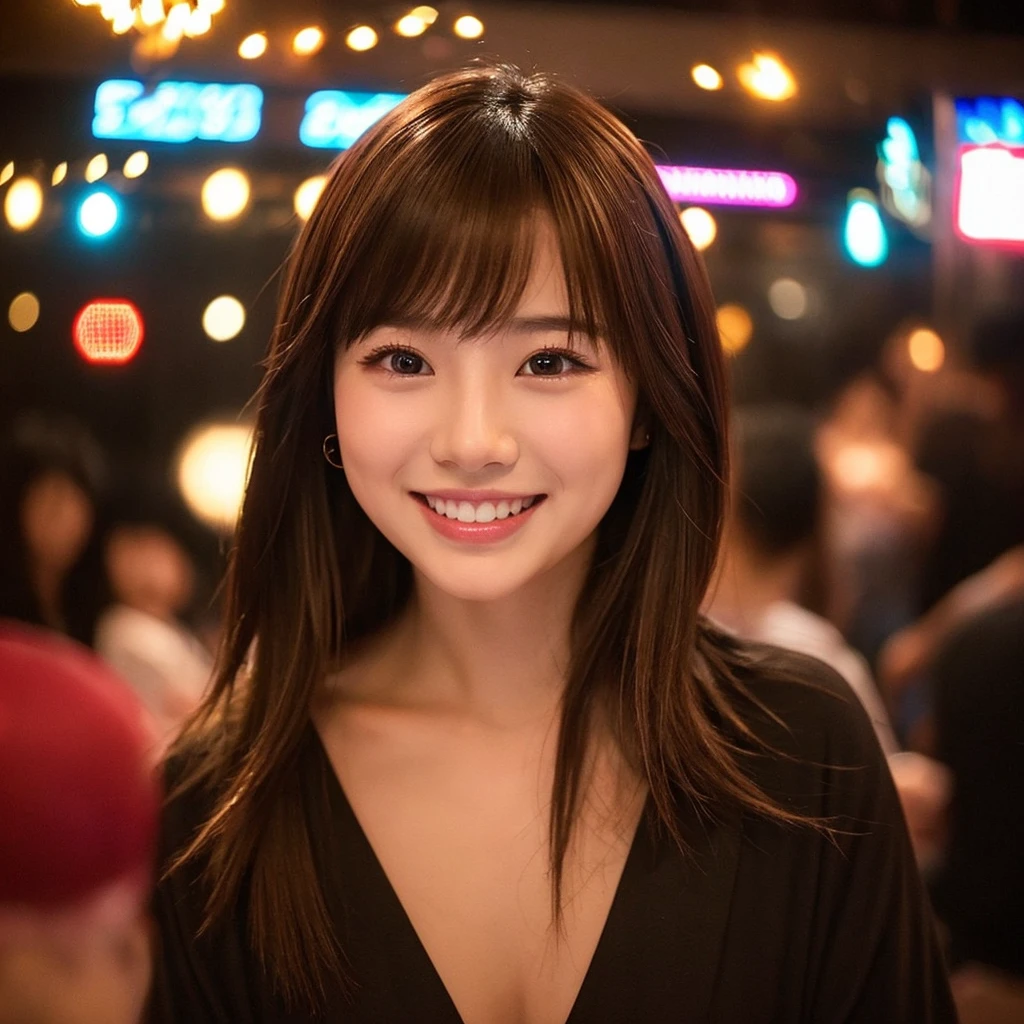 Inside the nightclub、Taken in front of the red light、A friend took this photo on his iPhone、Highly detailed face and skin texture、Highly detailed lips、The correct state of the human body、Highest quality, One beautiful woman, 20-year-old、Beautiful black one piece、(Dark brown medium short hair)、Brown Hair、Semi-long Japan woman、(Dark brown hair)、Various poses、Instagram Profile Picture、A little flashy makeup、Exposed Skin、An innocent smile、sake、Talking with friends and laughing happily