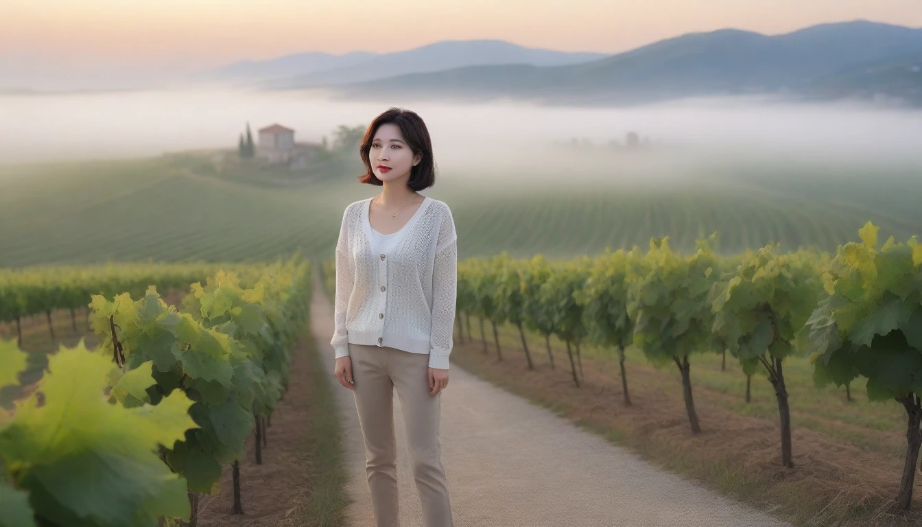 8k realistic, lifelike photo,, 36 year old Korean woman, Short in stature, pretty like a model. front view, White shirt and short cardigan, casual pants, short medium hair, Smiley, Italy. vineyard, thick dawn fog. vineyard 지나 짙은 안개 속으로 저 멀리 성당이 보인다. Full body shot from afar with a wide angle lens , 1 woman, Short in stature, looking at the camera, Excellent picture quality, The morning fog is thick, The picture quality is alive. Full body shot with Canon 16-35 wide angle lens, Wearing black horned sunglasses and looking up to the side, The cathedral is visible in the red morning sunlight., standing on a small path on a hill