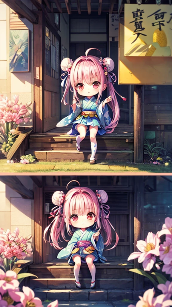 ((masterpiece))、(((Highest quality)))、((Super detailed))、((An illustration))、Attention to detail、Very detailed CG unity 8k、High resolution、美しいAttention to detail目、Attention to detail、美しいAttention to detail目,(Chibi Animation、another world、Drawn with crayons:1.3)、(Very detailed,Highest quality, masterpiece,High resolution、Confused、Perfect Anatomy:1.3),(Chibi Body、Small face、Overall cute、(Hair Ribbon:0.4), Pink Eyes,(((White bun hair))),(((Long pink hair)))、 :3, Ahoge, Symbol-shaped pupil、Very slim legs)、(Flowers that bloom in summer、Big fresh pineapple:1.4),(Wonderful cityscape、Miracle Morning:1.3)、(healthy、Cute short uniform、Polka dot pattern、Cute ribbon:1.5),(Japanese architecture,With eyes wide open:1.3)