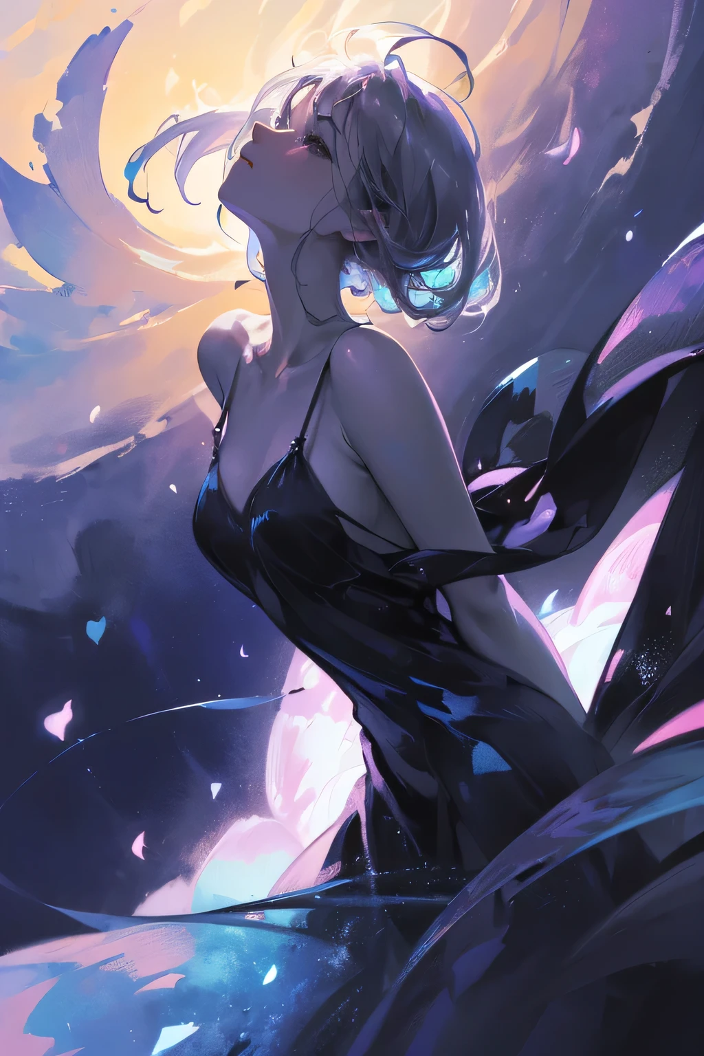 (Image from chest up:1.4)((masterpiece:1.5,Highest quality,Beautiful images、2.5D、Abstract、Artistic、Watercolor))(One girl, 独奏)(Cute Girls、large breasts, Gray Hair、short hair、Beautiful breasts、Beautiful breasts cleavage),(profile、Look at an angle、shake your head、Sad look, Floating Hair、Backlight)(Plain background:1.5)((Dynamic Angle:1.5)),camisole、See-through gown. ((from side))