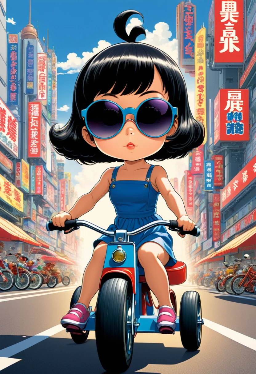 An anime-style illustration in the style of Akira Toriyama, featuring a  girl with a bob haircut and shaved back of the head, wearing sunglasses and a one-piece dress, riding a tricycle.
