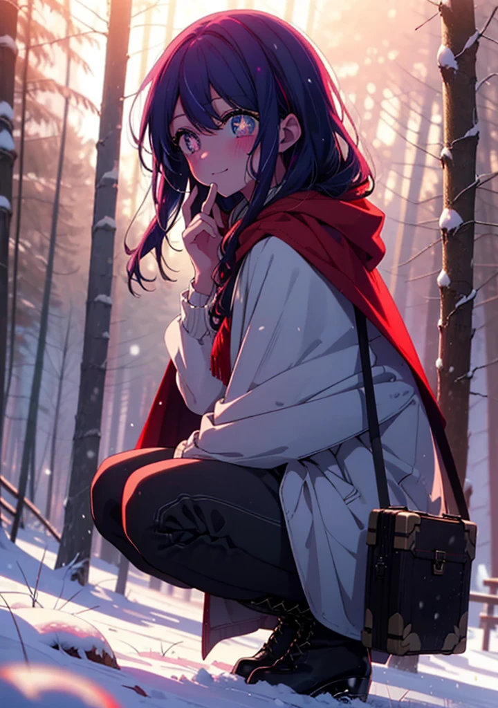 aihoshino, Ai Hoshino, Long Hair, bangs, (Purple eyes:1.1), Purple Hair, (Symbol-shaped pupil:1.5), smile,,smile,blush,white breath,
Open your mouth,snow,Ground bonfire, Outdoor, boots, snowing, From the side, wood, suitcase, Cape, Blurred, , forest, White handbag, nature, Squat, Mouth closed, Cape, winter, Written boundary depth, Black shoes, red Cape break looking at viewer, Upper Body, whole body, break Outdoor, forest, nature, break (masterpiece:1.2), Highest quality, High resolution, unity 8k wallpaper, (shape:0.8), (Beautiful and beautiful eyes:1.6), Highly detailed face, Perfect lighting, Extremely detailed CG, (Perfect hands, Perfect Anatomy),