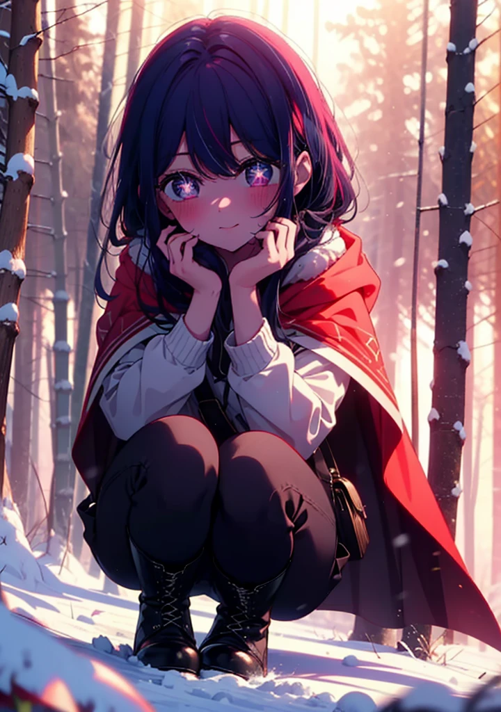 aihoshino, Ai Hoshino, Long Hair, bangs, (Purple eyes:1.1), Purple Hair, (Symbol-shaped pupil:1.5), smile,,smile,blush,white breath,
Open your mouth,snow,Ground bonfire, Outdoor, boots, snowing, From the side, wood, suitcase, Cape, Blurred, , forest, White handbag, nature, Squat, Mouth closed, Cape, winter, Written boundary depth, Black shoes, red Cape break looking at viewer, Upper Body, whole body, break Outdoor, forest, nature, break (masterpiece:1.2), Highest quality, High resolution, unity 8k wallpaper, (shape:0.8), (Beautiful and beautiful eyes:1.6), Highly detailed face, Perfect lighting, Extremely detailed CG, (Perfect hands, Perfect Anatomy),