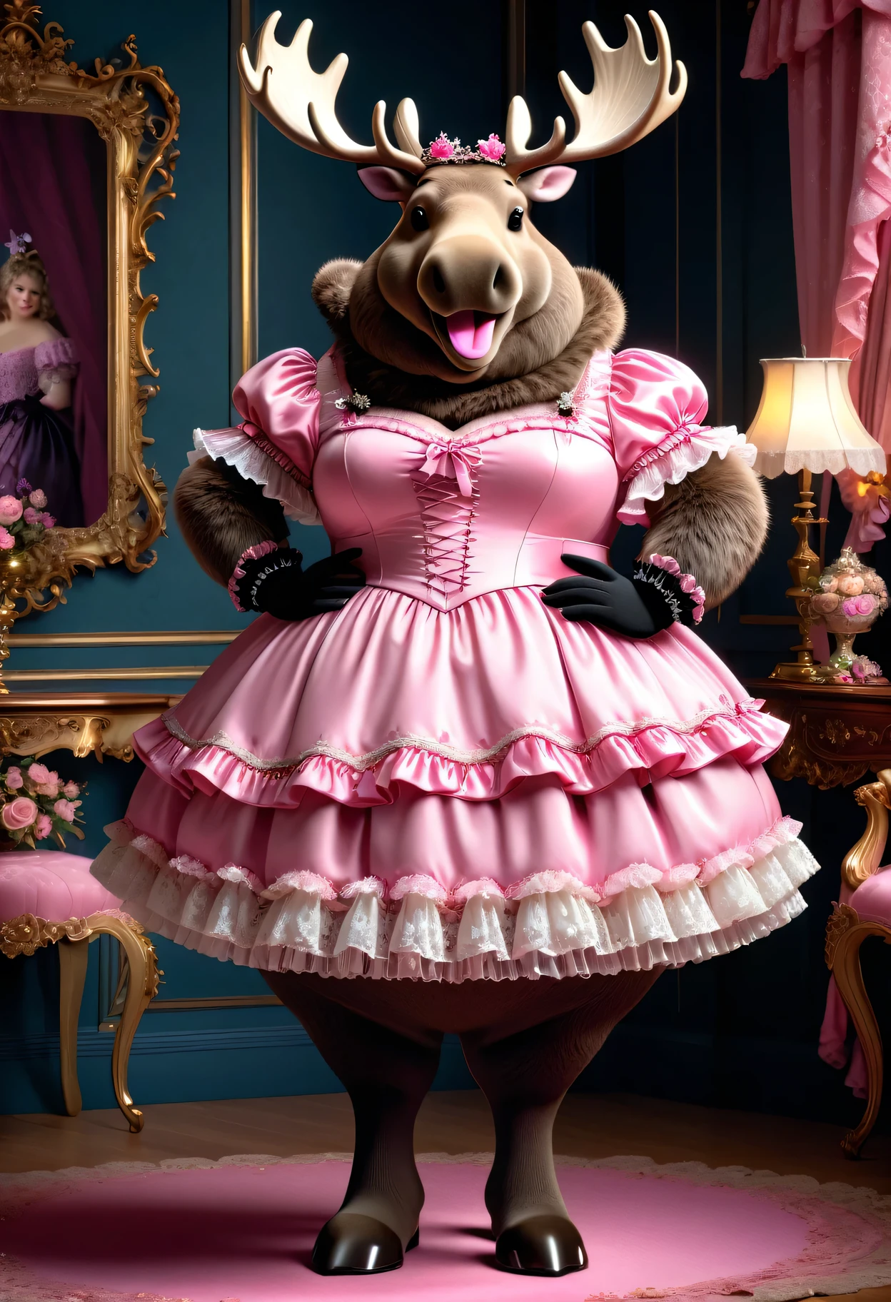 photorealistic portrait of Dressed animals-a ((fat)) ((moose)) princess,(furry), (elegant pose:1.5), (hands on hips:1.5),(smile:1.5),high quality,(),(lovely) ,intricate details, Wearing Gothic & Lolita pink dress , ( brim on head), highly detailed ((dress with frills and ribbon)) ,highly detailed accessories, high sox , (happy), soft lighting,(full body image:2.0),in Rococo style room background,,score_9, score_8_up, score_7_up, score_6_up, score_5_up, score_4_up,
