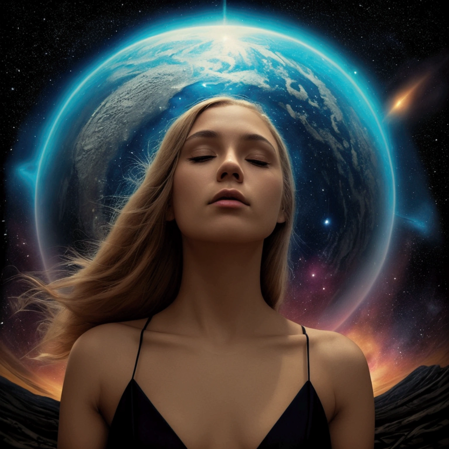 Draw me a cover for a track in a cosmic, atmospheric style, ambient, with a melancholic mood. The track is called The Last World