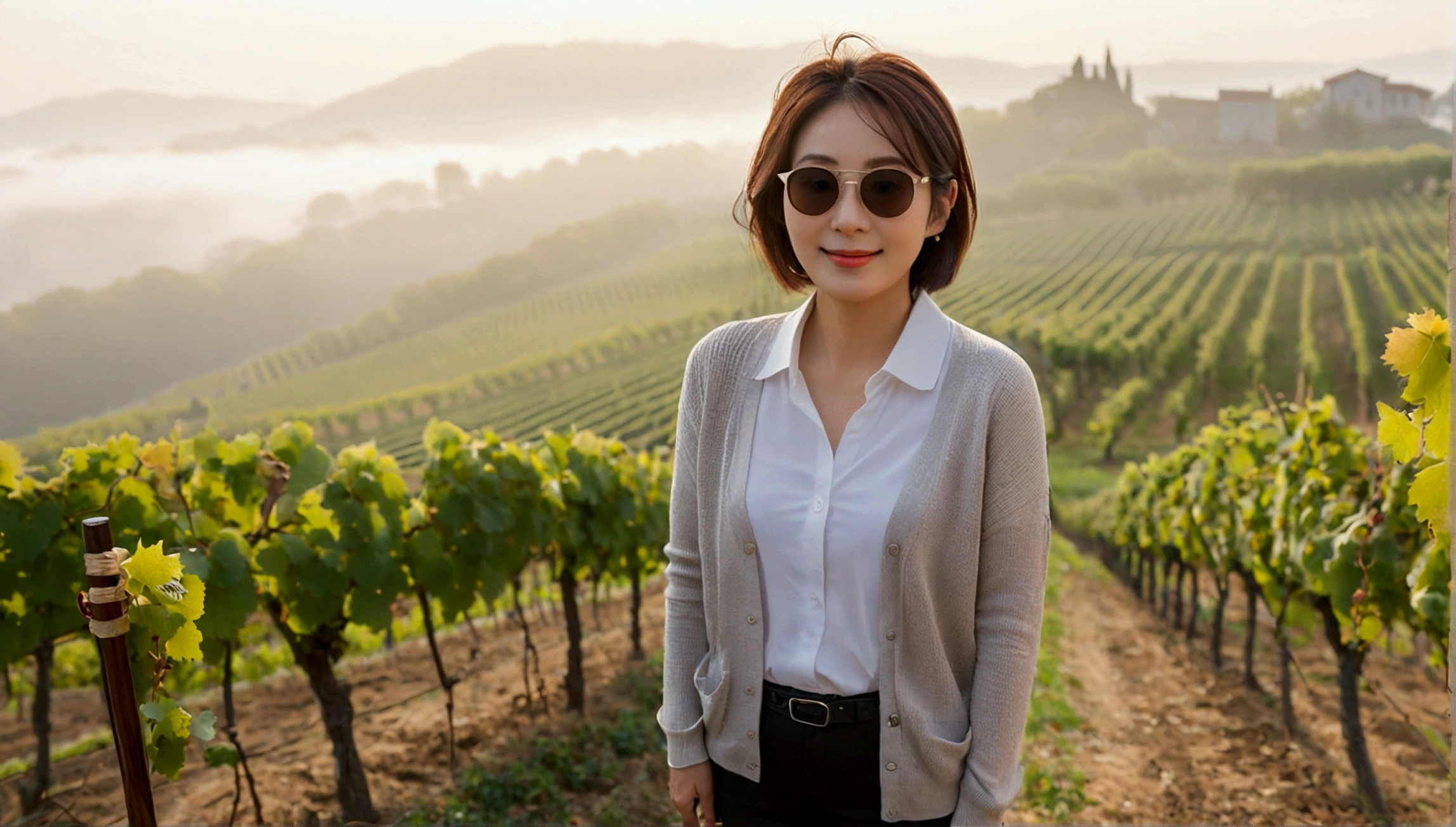 Simul Creativity Advanced Conversion Advanced Download Creation Data Prompt Txt2Img 8k Realistic, lifelike photo,, 36 year old Korean woman, Short in stature, pretty like a model. front view, white shirt and short cardigan, casual pants, short medium hair, smiling, Italy. vineyard, thick dawn fog. vineyard 지나 짙은 안개 속으로 저 멀리 성당이 보인다. Full body shot from afar with a wide angle lens , 1 woman, Short in stature, looking at the camera, superb picture quality, The morning fog thickens, The picture quality is alive.. Full body shot with Canon 16-35 wide angle lens, Wearing sunglasses with black horns and looking to the side., The cathedral is visible in the red morning sunlight.., standing on the hill.