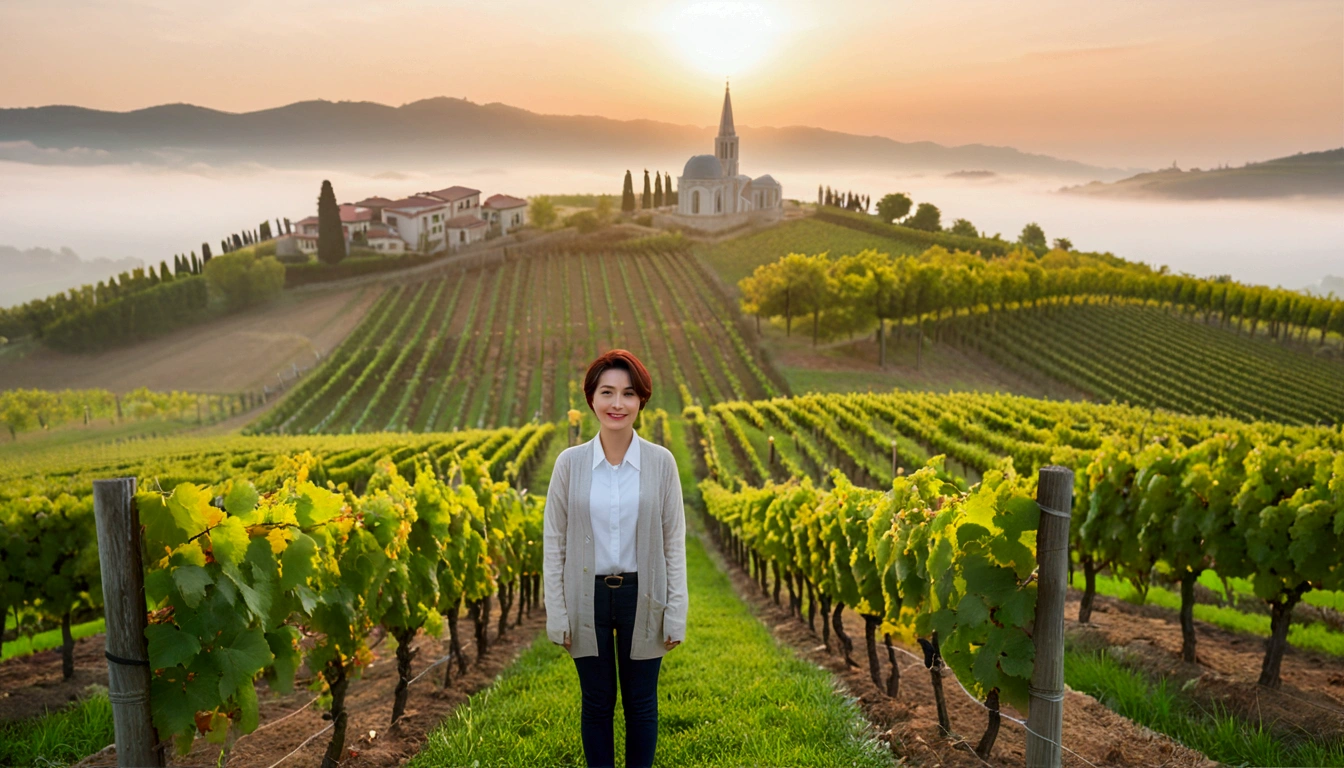 Simul Creativity Advanced Conversion Advanced Download Creation Data Prompt Txt2Img 8k Realistic, lifelike photo,, 36 year old Korean woman, Short in stature, pretty like a model. front view, white shirt and short cardigan, casual pants, short medium hair, smiling, Italy. vineyard, thick dawn fog. vineyard 지나 짙은 안개 속으로 저 멀리 성당이 보인다. Full body shot from afar with a wide angle lens , 1 woman, Short in stature, looking at the camera, superb picture quality, The morning fog thickens, The picture quality is alive.. Full body shot with Canon 16-35 wide angle lens, Wearing sunglasses with black horns and looking to the side., The cathedral is visible in the red morning sunlight.., standing on the hill.