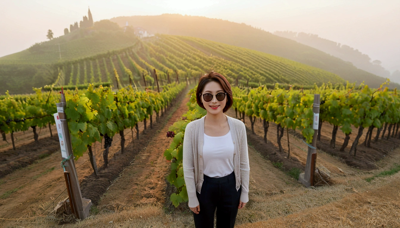 Simul Creativity Advanced Conversion Advanced Download Creation Data Prompt Txt2Img 8k Realistic, lifelike photo,, 36 year old Korean woman, Short in stature, pretty like a model. front view, white shirt and short cardigan, casual pants, short medium hair, smiling, Italy. vineyard, thick dawn fog. vineyard 지나 짙은 안개 속으로 저 멀리 성당이 보인다. Full body shot from afar with a wide angle lens , 1 woman, Short in stature, looking at the camera, superb picture quality, The morning fog thickens, The picture quality is alive.. Full body shot with Canon 16-35 wide angle lens, Wearing sunglasses with black horns and looking to the side., The cathedral is visible in the red morning sunlight.., standing on the hill.