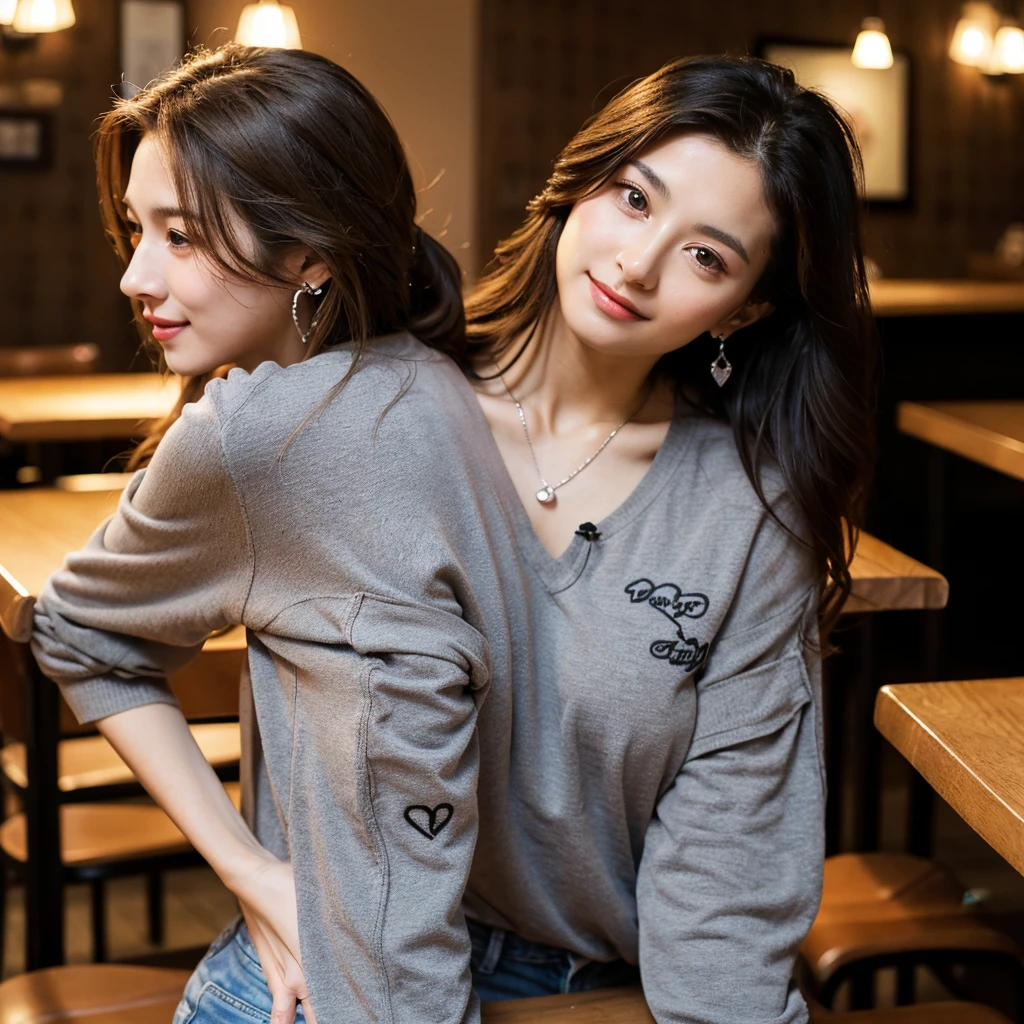 Beautiful mature woman with beautiful wavy long hair, Ultra-high resolution,(Realistic:1.4), ((Highest quality)), ((masterpiece)), (be familiar with),Highest quality, masterpiece, Ultra-high resolution,(Realistic:1.4), (RAW Photos:1.2), (Sit on a chair:1.2), (Detailed ass:1.1), At a restaurant,half_smile, Detailed eyes, (View your viewers:1.2), (Grey casual clothes), (Casual pants:1.2), (Beautiful Face:1.2), (French Twist:1.2), tits, Deep Shadow, Dark Theme, Heart tattoo on neck, Earrings, Cute Necklace