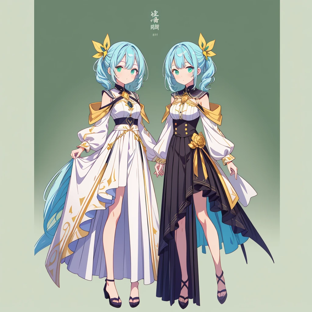 1girl、Star Fairy、Star incarnation、Character design front view、A picture facing the viewer、(((Super detailed、Highest quality、Masterpiece)))、Original cute hairstyle、Milky white and blue hair color、Anime Girls, All Black Uniform, Gold Button, Long skirt, Small breasts, stoic, thin, Calm, The gold lines on the skirt are complicated., Simple Green Background、vtuber-fullbody,