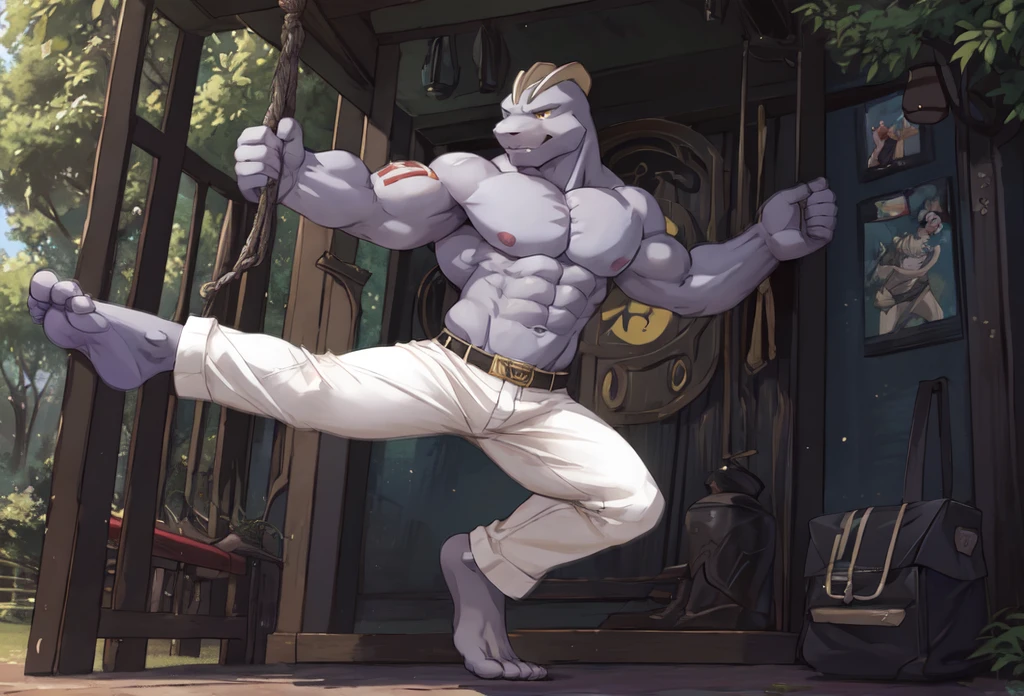 (((Barefoot furry character, full body, cinematic setting, furry male, plantigrade)))
(((Machoke))) as Capoeira fighter, ((pokemon, long white pants, training Capoeira in the park))
blue body, bara:0.5
BREAK, intricate details, highly detailed, extreme detail, octane render, fine art, best quality, highres, (detailed face:1.5), ((full_body)), UHD, (((perfect hands))), (((perfect feet))), low light