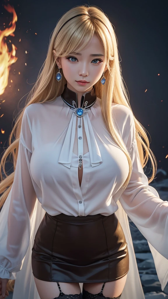 The beings that protect the spirits of fire and ice are working hard to end the conflict between the two. They stand on the border between fire and ice, trying to mediate between the two. 8k , HD, highly detailed, realistic, photography, photo realism, --ar 9:16 -- at 6.0 --s 750,19 years old, alone, Long Hair, View your viewers, Blonde, Brown eyes, gem, whole body, Realistic, Sexy、Big Breasts 、stockings、clip on earrings,during,bracelet、embarrassed,blouse、