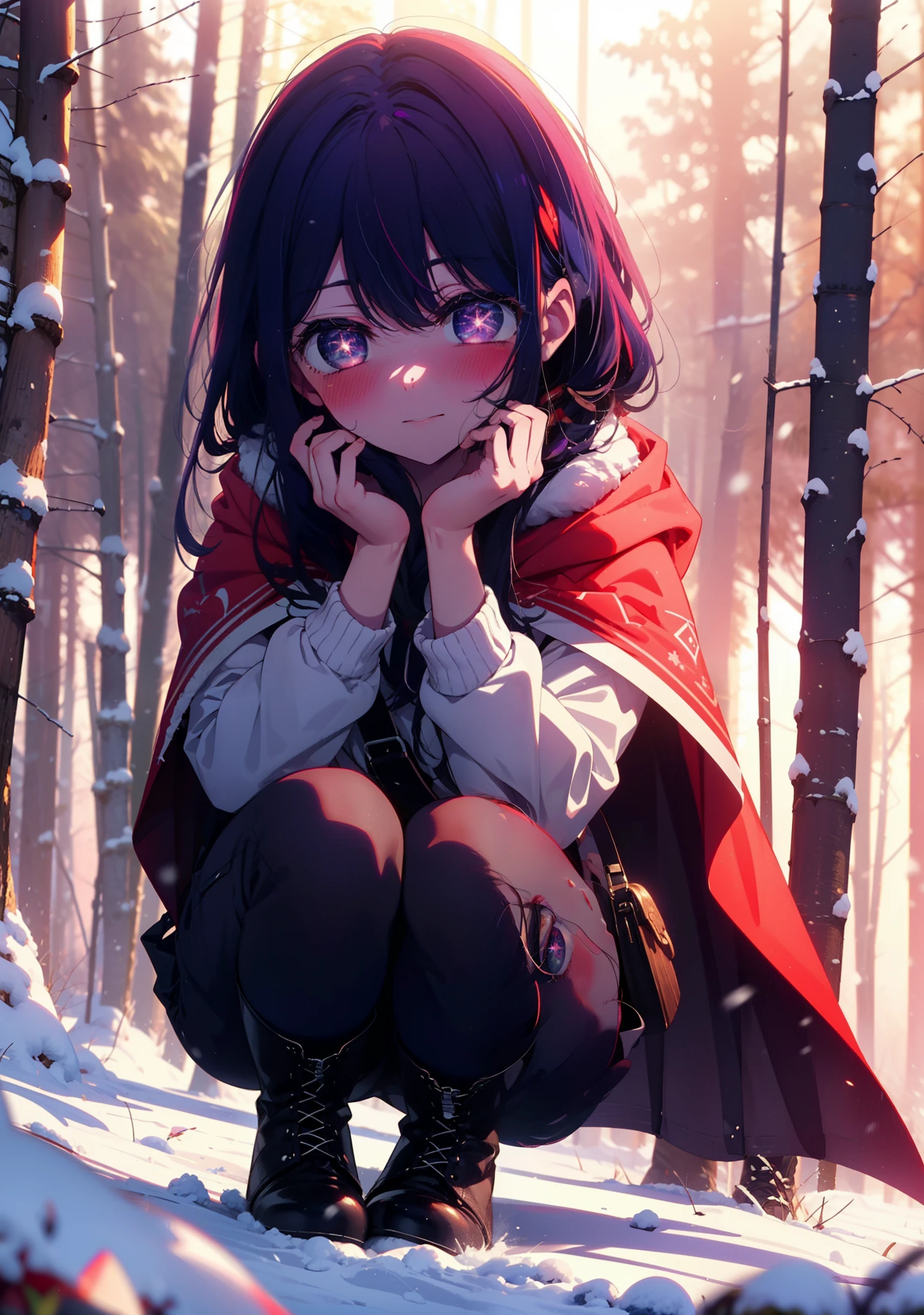 aihoshino, Ai Hoshino, Long Hair, bangs, (Purple eyes:1.1), Purple Hair, (Symbol-shaped pupil:1.5), smile,,smile,blush,white breath,
Open your mouth,snow,Ground bonfire, Outdoor, boots, snowing, From the side, wood, suitcase, Cape, Blurred, , forest, White handbag, nature,  Squat, Mouth closed, Cape, winter, Written boundary depth, Black shoes, red Cape break looking at viewer, Upper Body, whole body, break Outdoor, forest, nature, break (masterpiece:1.2), Highest quality, High resolution, unity 8k wallpaper, (shape:0.8), (Beautiful and beautiful eyes:1.6), Highly detailed face, Perfect lighting, Extremely detailed CG, (Perfect hands, Perfect Anatomy),