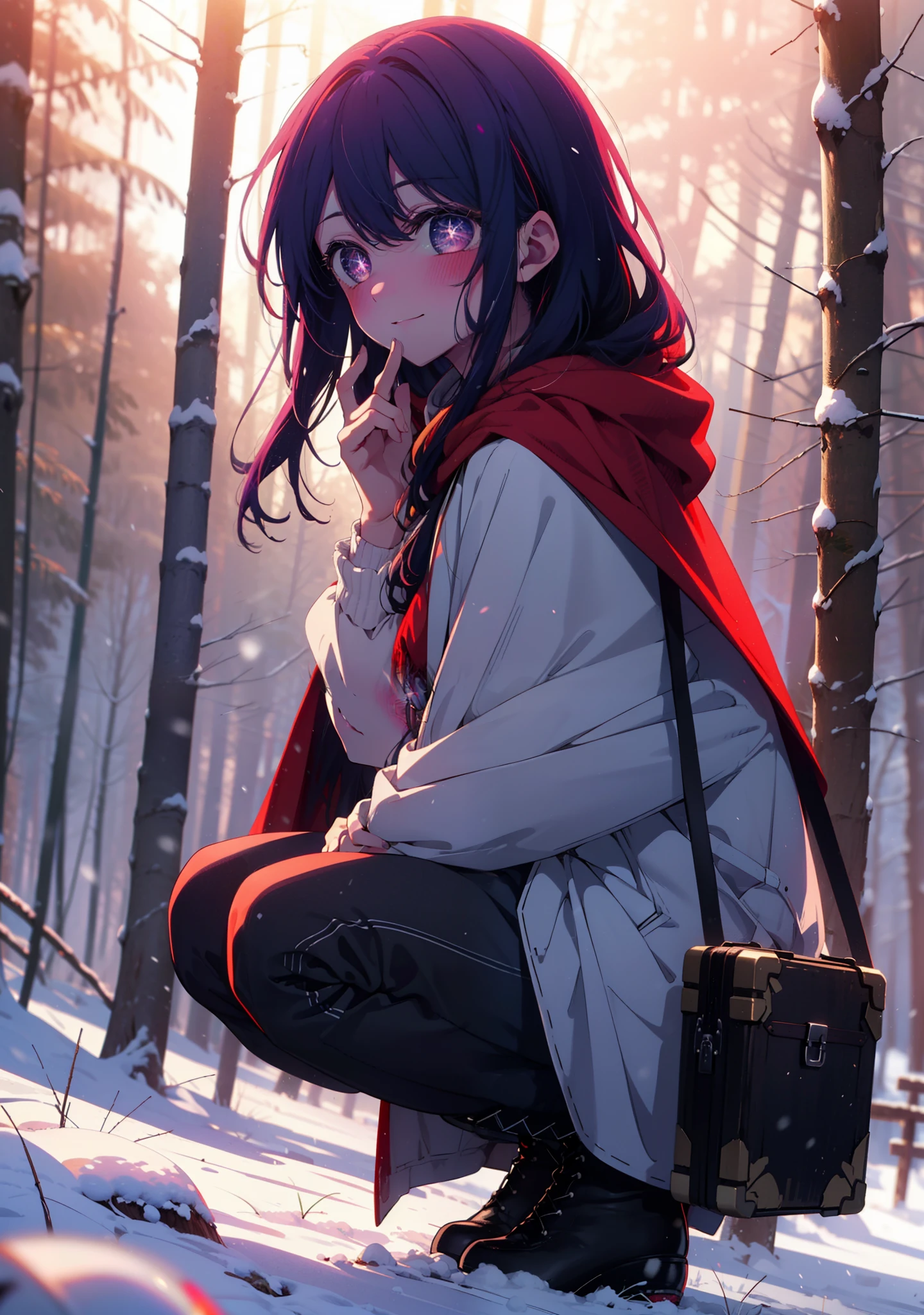 aihoshino, Ai Hoshino, Long Hair, bangs, (Purple eyes:1.1), Purple Hair, (Symbol-shaped pupil:1.5), smile,,smile,blush,white breath,
Open your mouth,snow,Ground bonfire, Outdoor, boots, snowing, From the side, wood, suitcase, Cape, Blurred, , forest, White handbag, nature, Squat, Mouth closed, Cape, winter, Written boundary depth, Black shoes, red Cape break looking at viewer, Upper Body, whole body, break Outdoor, forest, nature, break (masterpiece:1.2), Highest quality, High resolution, unity 8k wallpaper, (shape:0.8), (Beautiful and beautiful eyes:1.6), Highly detailed face, Perfect lighting, Extremely detailed CG, (Perfect hands, Perfect Anatomy),
