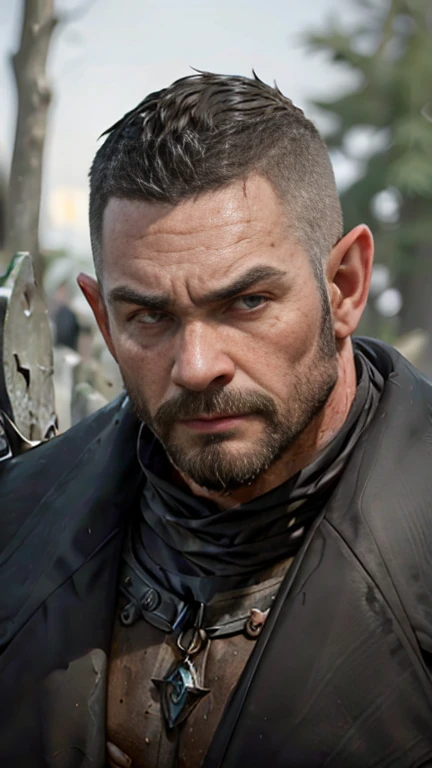 a male cleric with short faded black hair with some grey, skin shaved sides, neat trimmed beard, oval face, werewolf claw scar on face and neck, bearing battle scars, bright wolven eyes, elvish ears, tan skin, wearing dragon leather armor with dragon symbol, walking in dark forest casting lighting in one hand, graveyard in background,(best quality,4k,8k,highres,masterpiece:1.2),ultra-detailed,(realistic,photorealistic,photo-realistic:1.37),HDR,UHD,studio lighting,ultra-fine painting,sharp focus,physically-based rendering,extreme detail description,professional,vivid colors,bokeh,dark fantasy portrait,dramatic lighting,cinematic composition