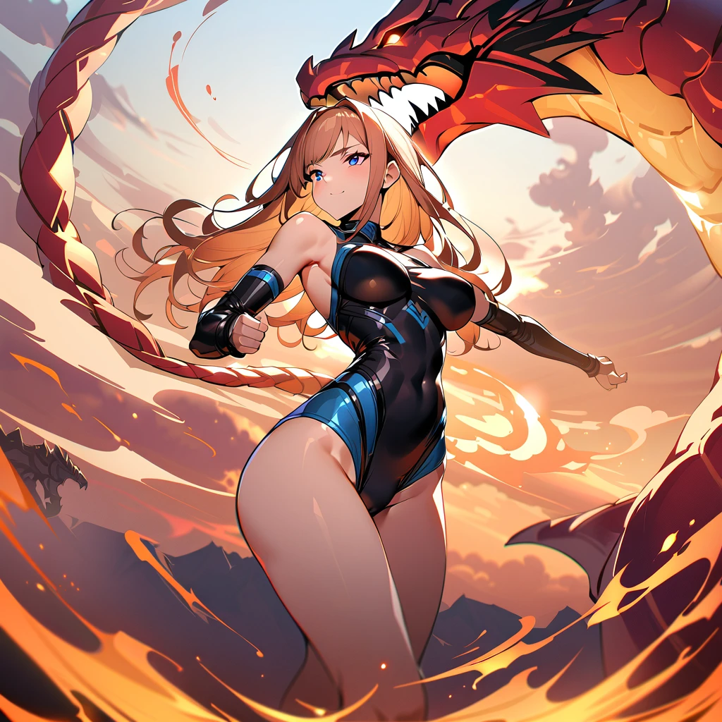 ((Highest quality、masterpiece、anime style、best quality、high resolution、8k、detailed、ultra-detailed:1.3))、Long legs、Sharp focus:1.2, Beautiful woman with perfect figure:1.4、(Smiling:1.2), double eyelid、30-year-old female、Sexy pose、((((Close your mouth、One Woman、Martial Artist:1.5)))),The background is a different world、Woman fighting a dragon、Uplifting