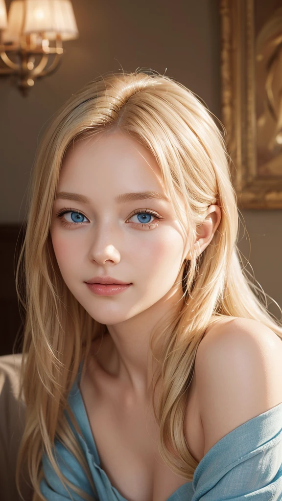 Gentle portrait of a beautiful blonde woman, flowing golden hair, Captivating blue eyes, delicate features, a radiant smile, Natural makeup, dress elegantly, gentle expression, a slight blush, Warm skin tones, Fantastic lighting, soft shadows, high-resolution digital painting, realistic style, artistic interpretation, by an expert portraitist.