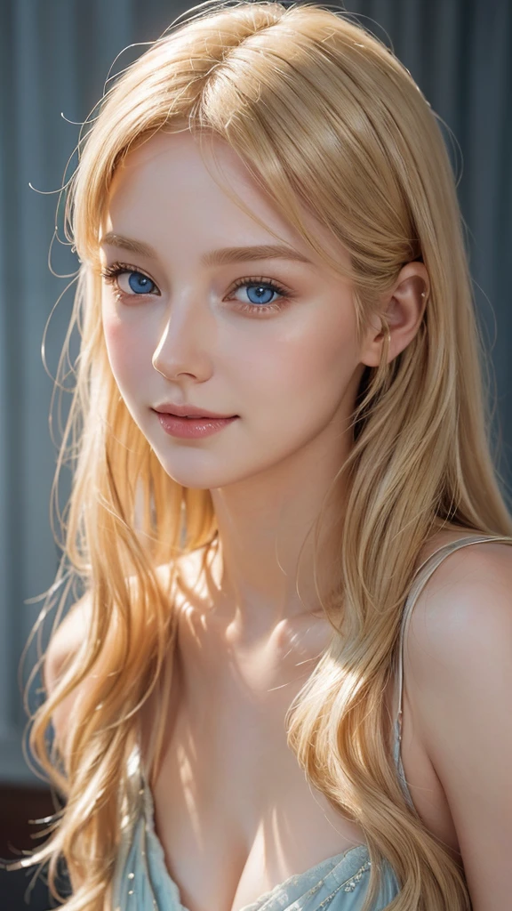 Gentle portrait of a beautiful blonde woman, flowing golden hair, Captivating blue eyes, delicate features, a radiant smile, Natural makeup, dress elegantly, gentle expression, a slight blush, Warm skin tones, Fantastic lighting, soft shadows, high-resolution digital painting, realistic style, artistic interpretation, by an expert portraitist.