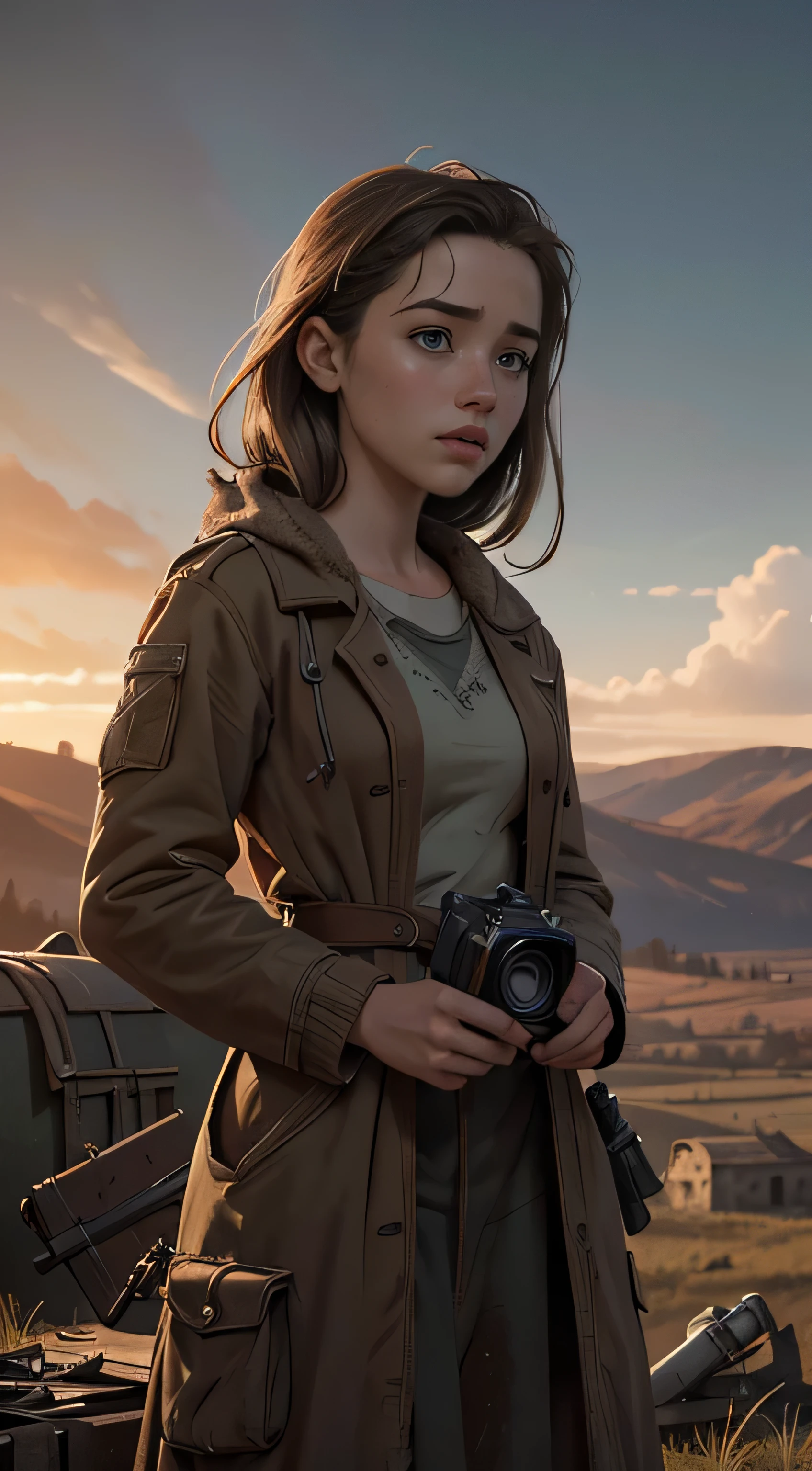 Foto hiperrealista en primer plano de Willa Fitzgerald, masterpiece, best quality, (photorealistic:1.4),  Create dystopian masterpieces. Depict a rural landscape in the rugged style of the game's concept art. This work should evoke a sense of abandonment and despair in a futuristic, post-apocalyptic world. Notice the intricacies of detail, the sharp focus.
