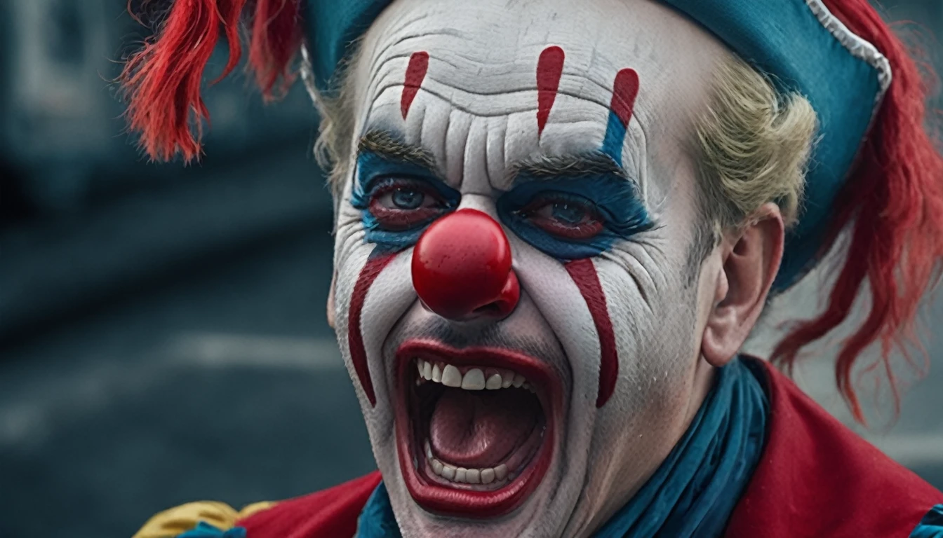 masterpiece, best quality, extremely detailed, hyperrealistic, photorealistic, a cool 40s man, ultra detailed face, extreme close-up shot, clown makeup, red pirate hat, white skin, red nose, long blue hair, crying:1.2, tear:1.2, shouting, dark living room
