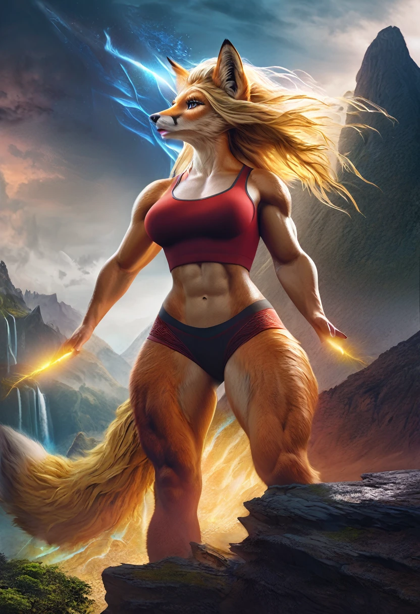 a muscular girl with a strong, fit body, beautiful detailed face, detailed eyes, lush lips, long eyelashes, blonde hair, wearing a red sports bra, in an epic fantasy landscape with mountains, cliffs, waterfalls, glowing magical energy, cinematic lighting, dramatic colors, gold accents, highly detailed, 4k, photorealistic, concept art style mobian fox