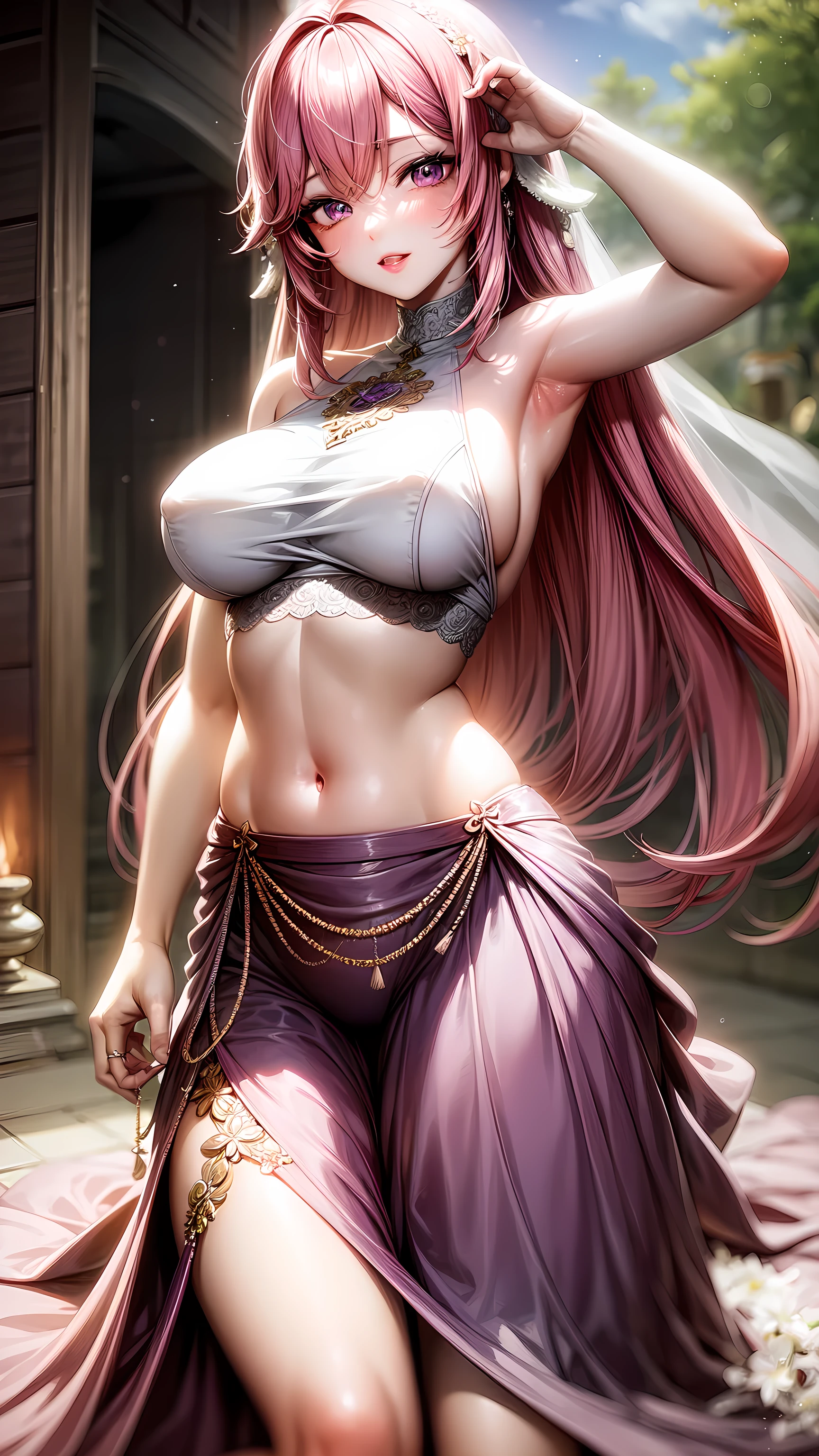 purple eyes,wedding dress,long skirt,crop top,pink hair