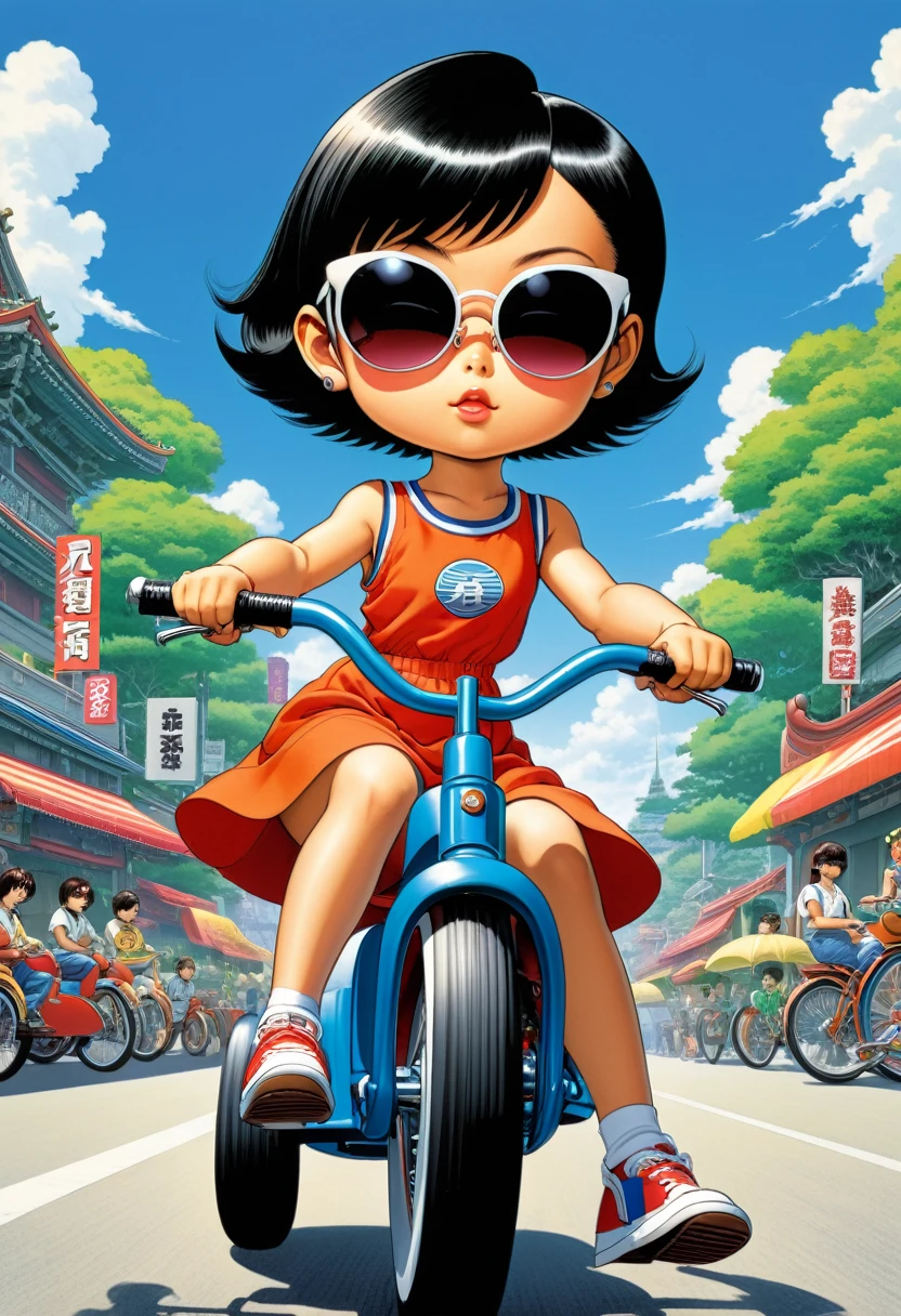 A character drawn in the distinctive style of Akira Toriyama: a young girl with a bob haircut and an undercut at the back, wearing sunglasses, a one-piece dress, and riding a tricycle.