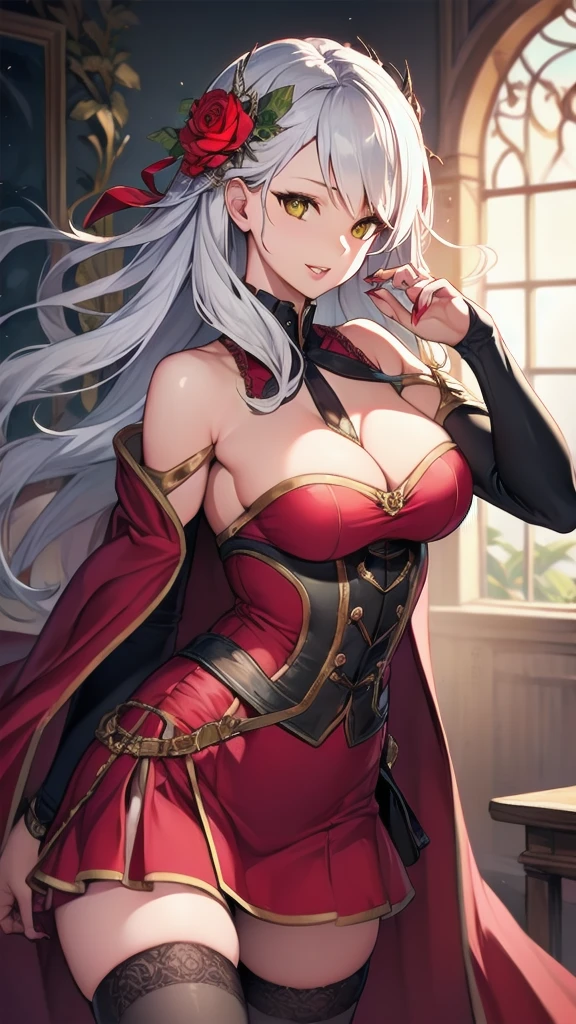 masterpiece, best quality, solo girl, silver hair, yellow eyes, long hair, medium breasts, sexy body and face, wavy hair, smile, parted lips, red lips, ribbon, crown of thorns, thorns, (red cape, dress flower), detached sleeves, hair flower, hair ornament, long sleeves, black corset, long skirt, red dress, rose, strapless dress, long skirt, thighhighs, thighlet, red nails, dress flower, black thighhighs, mksks style, beautiful background, orchestra, indoors, sexy pose, cowboy shots, sharp focus, ultra-detailed body, face, and eyes, vibrant, creative, dynamic, high definition, high resolution, 8k, (Upscale: R-ESRGAN 4x+ Anime6mage enchance:4x), voluptuous body, cinema lighting, looking at the viewer, (realistic:1.4), (beautiful detailed face, beautiful detailed eyes, volumetric lighting), 