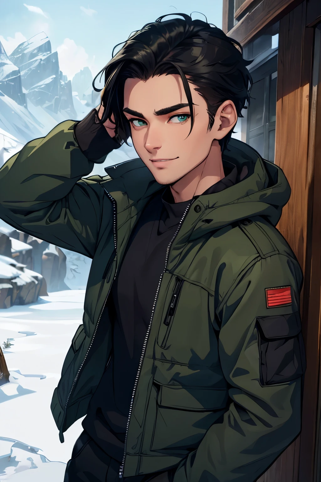 1 handsome young man in his early 20s, green eyes, detailed eyes, olive skin, mid length black hair combed to one side, playful fanged smile, tall, athletic body, black winter jacket, cargo pants, winter lounge, snowy mountain (best quality,8k,highres,masterpiece:1.2),ultra-detailed,(realistic,photorealistic,photo-realistic:1.37),portrait,studio lighting,sharp focus,physically-based rendering,vivid colors,cold lighting