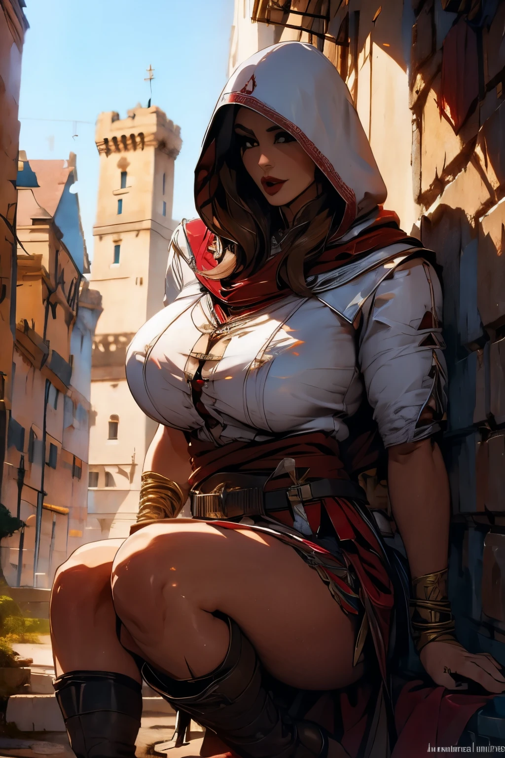 La mujer, Стиль Assassin's Creed, ropa corta, poca ropa,stockings, medias botas hasta la rodilla, Pulseras en las piernas, castillo medieval al fondo, Renacimiento, reaissance muy detallado, Realistic long-term photography., 4k, pelo largo, brown hair, By the chestnut, labios rojos, Chica con traje de Assassin&#39;s Creed Altair con capucha,  hood, Assassin symbol&#39;s Creed en la cintura, sexy,red lips, brown eyes, big breasts, pechos grandes, breasts, Lucia Auditore