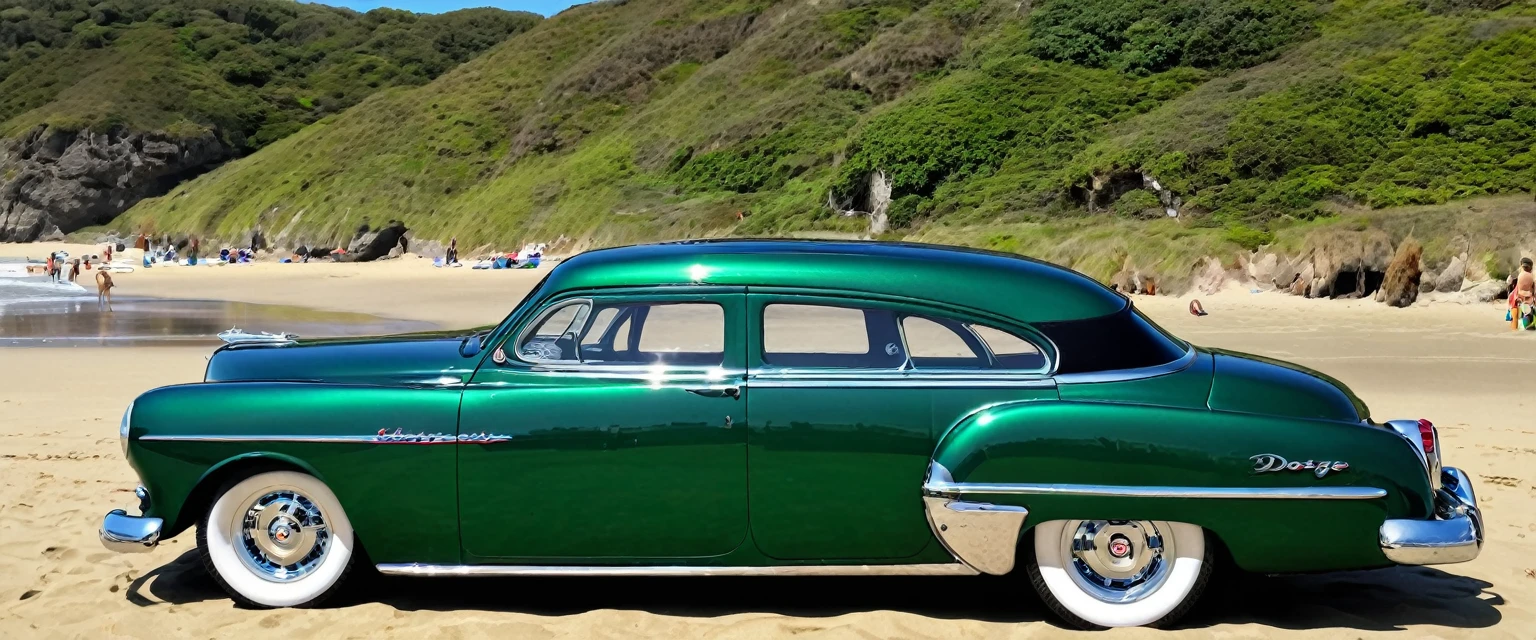 ((A realistic photo of a 1952 Dodge Kingsway Custom)),British Racing Green color with chrome mag wheels, parked at a surf beach on a summers day, best quality, very hi definition, 8k, Surfboards and bikini Girls standing next to the car