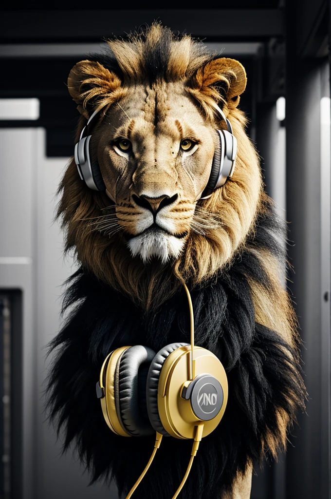 Lion of the future with headphones, jumping color black gold white and gray
