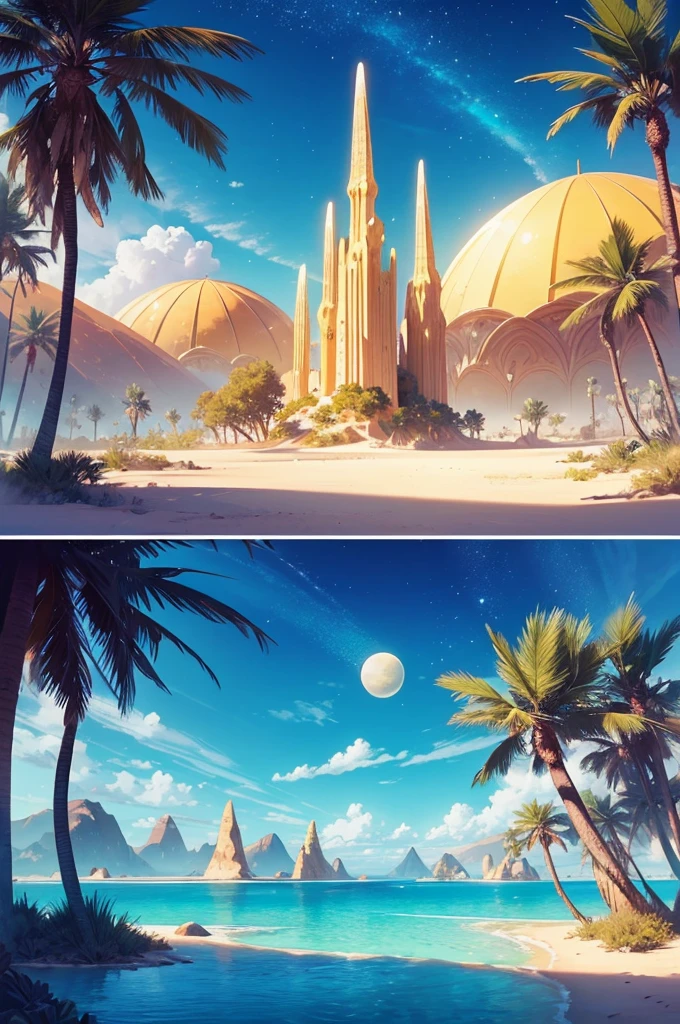 Draw a landscape of an enchanted desert, where golden sand dunes stretch to the horizon. Crystal trees grow sparsely, reflecting sunlight like colorful prisms. in the middle of the desert, there is a magical oasis with turquoise waters and exotic plants. in the sky, three moons of different sizes and colors shine brightly, creating a surreal and magical atmosphere.