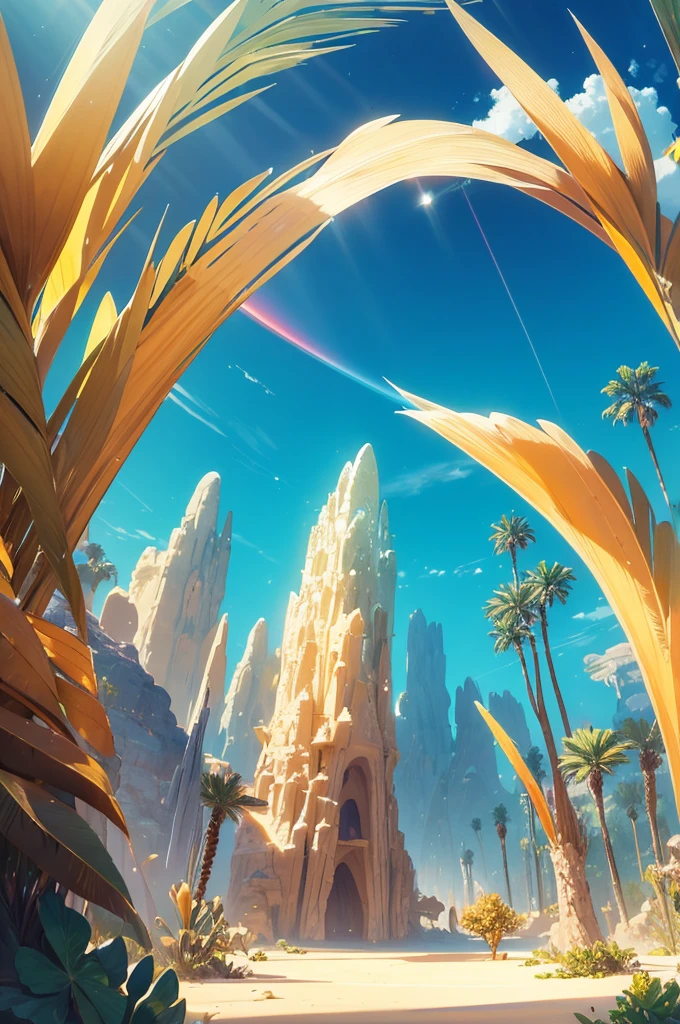 Draw a landscape of an enchanted desert, where golden sand dunes stretch to the horizon. Crystal trees grow sparsely, reflecting sunlight like colorful prisms. in the middle of the desert, there is a magical oasis with turquoise waters and exotic plants. in the sky, three moons of different sizes and colors shine brightly, creating a surreal and magical atmosphere.