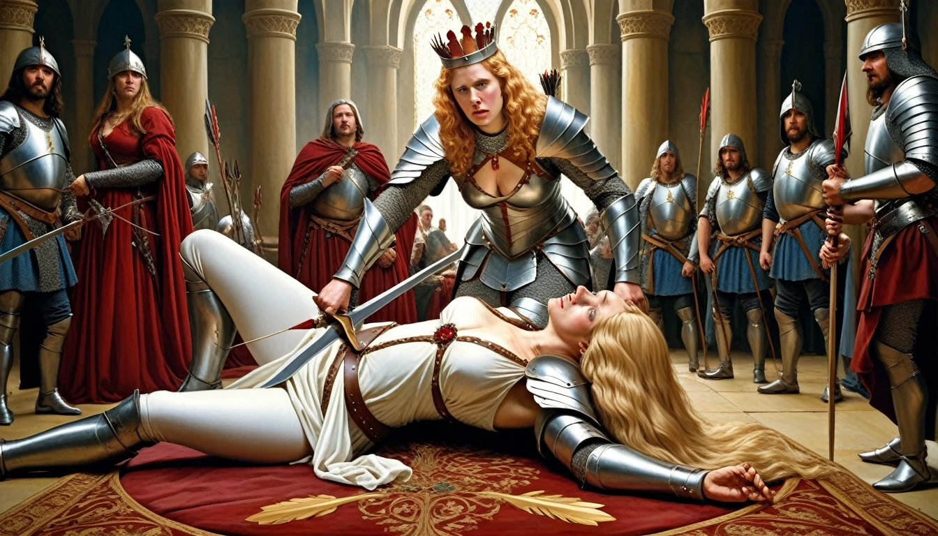 Highly detailed, UHD, 32k, medieval fantasy, heavy metal magazine cover, oil on canvas. pre-raphaelite painting. Multiple subjects. Medieval cinematic scene. in this scene, a blonde middle aged queen lies vanquished at the feet of a fat middle aged female human warrior, the warrior is clad in silver armor and has a steel bow in her hands, an arrow being readied by her. The scene takes place inside a royal hall, in the throne room. a royal banquet was happening when the queen was vanquished, and plates, food and goblets are scattered all around, wine spilled on the floor, the noble guests in shock at what just happened.