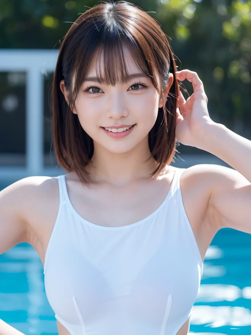(8k, RAW Photos,Highest quality, High resolution:1.1), (超Realisticな:1.4),(Realistic, Realistic:1.3),The Beauty of Japan、((Upper Body:1.3))、Gymnastics Team - Flexible Leotards and Grips、Erect nipples,Pool、smile、Smiling、The pose is random