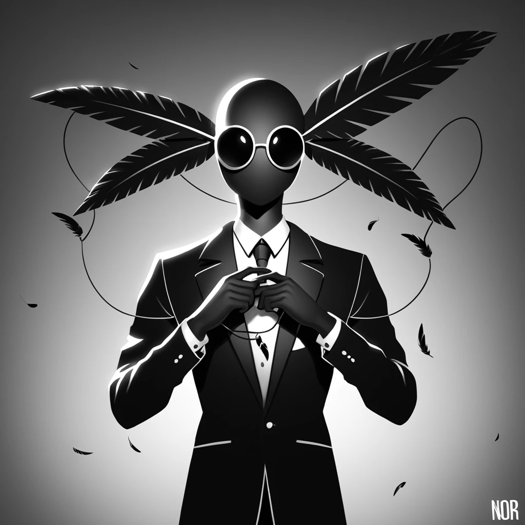 Crooked first man, feather, string, drone, in noir art style
