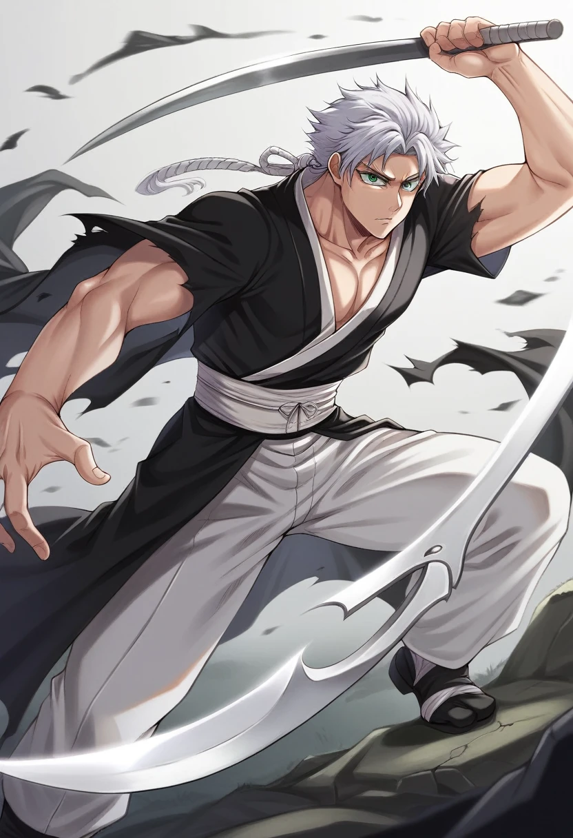 ung boy, male focus, BLEACH, black too, , torn garments, open air, Raby, pectoral muscle star piece), (highest quallity), (super verbose), tão bonitas, 人物, perfect composition, Moisture skin, cracked details, 1 men, bonitas, White hair, vibrant green eyes, slim muscles, アニメ, 19yearsold, 19 years, a small goatee, shihakusho, Shinigami, bleach style, bleach, regatta, kimono, shortsleeves, glued sleeves, a scythe, long sickle ,huge scythe , blue sickle, white cable, powerful scythe, sickle in blue flames, White hair, white hair, half black, holding the scythe, attacking with scythe, powerful scythe.