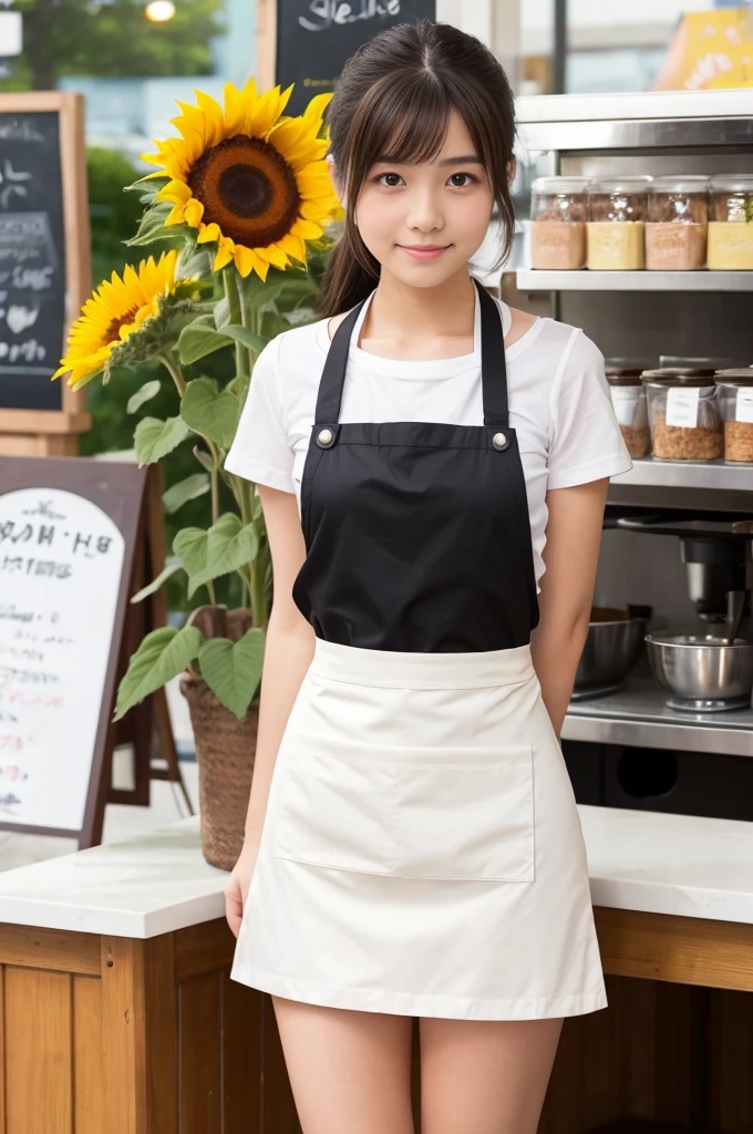 20 years old girl (Japanese cute face) is wearing mini skirt and white apron and working at the cafe with sunflowers