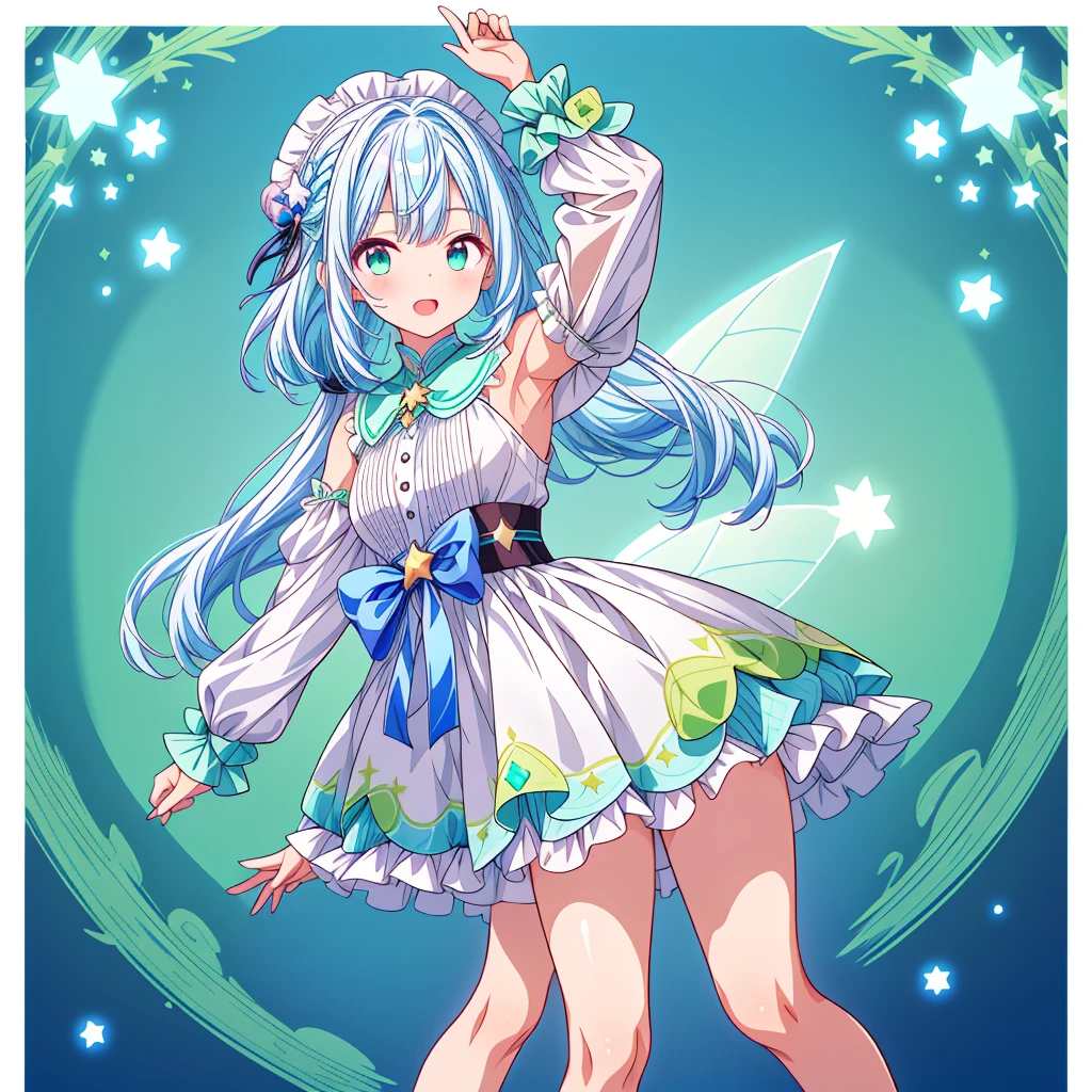 1girl、Star Fairy、Star incarnation、Character design front view、A picture facing the viewer、(((Super detailed、Highest quality、Masterpiece)))、Original cute hairstyle、Milky white and blue hair color、Simple Green Background、vtuber-fullbody,Original cute clothes in jet black and magenta、
