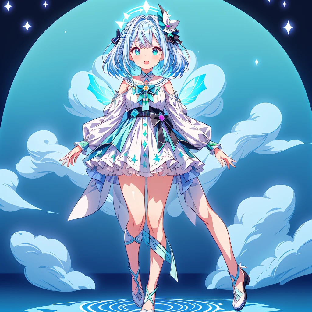 1girl、Star Fairy、Star incarnation、Character design front view、A picture facing the viewer、(((Super detailed、Highest quality、Masterpiece)))、Original cute hairstyle、Milky white and blue hair color、Simple Green Background、vtuber-fullbody,Original cute clothes in jet black and magenta、